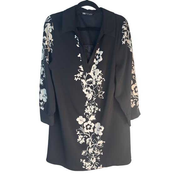 ZARA Large Black Floral Print Tunic Dress V-Neck 3/4 Sleeve Polyester/Elastane - Picture 8 of 12